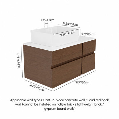 Modern 31.5" Floating Single Bathroom Vanity with Stone Resin Top, Ceramic Basin
