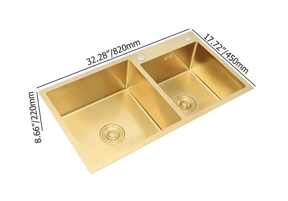32" Gold Stainless Steel Kitchen Sink Double Bowls Drop-In Sink with Drain and Overflow