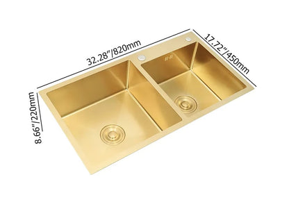 32" Gold Stainless Steel Kitchen Sink Double Bowls Drop-In Sink with Drain and Overflow