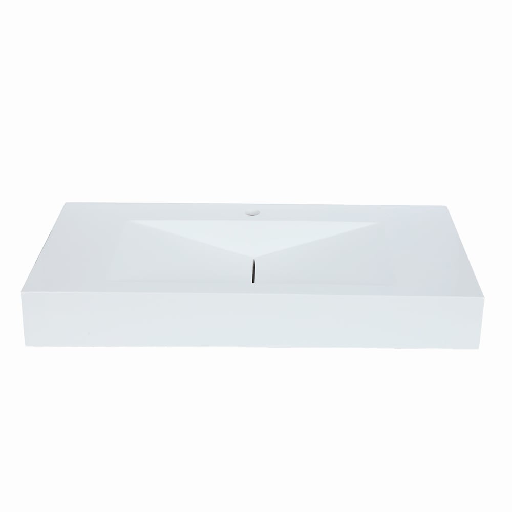 Glossy White Wall-Mount Floating Sink Solid Surface Stone Resin Bathroom V-Shaped Sink