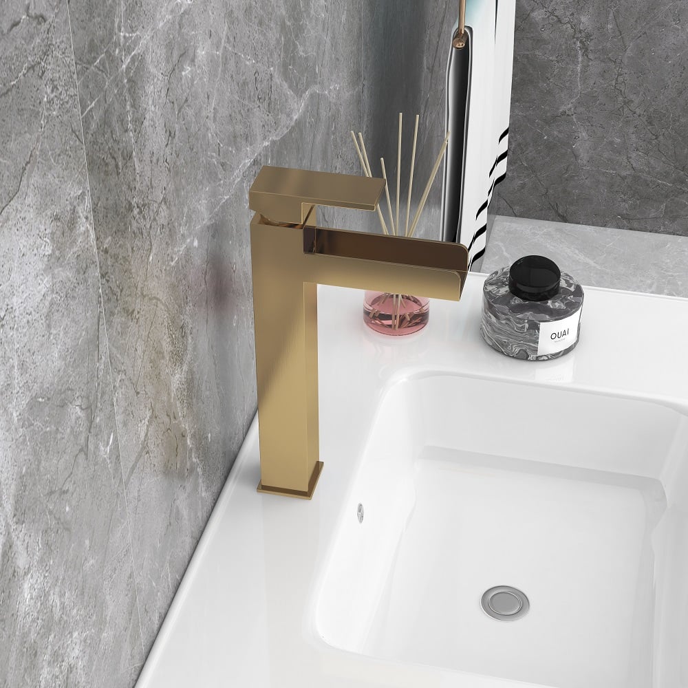 Brushed Gold Single Handle Waterfall Bathroom Vessel Sink Faucet Solid Brass Modern