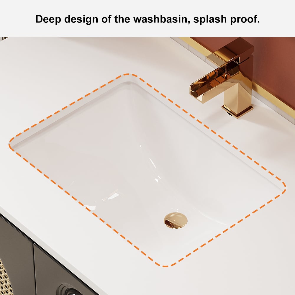 31" Black Floating Bathroom Vanity Set Undermount Ceramic Sink with Rattan Door Cabinet
