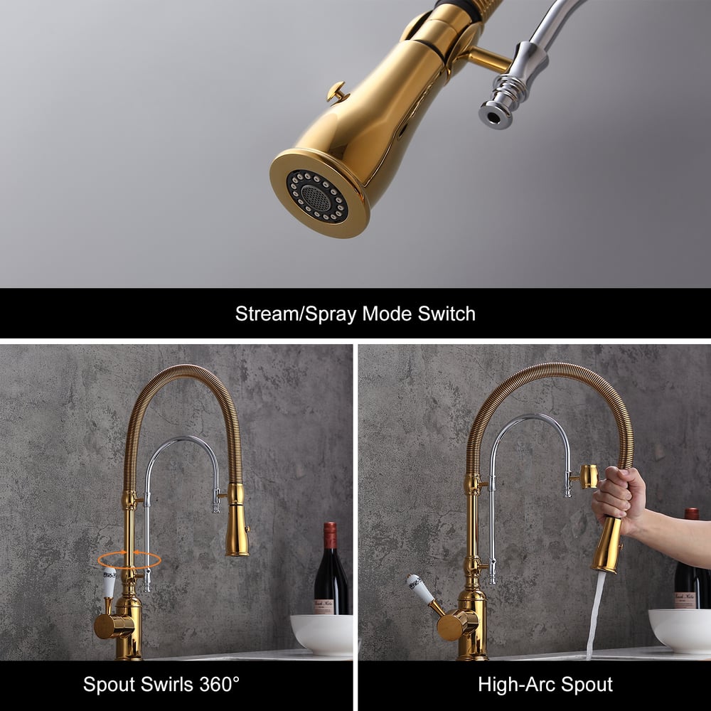 High Arc Dual-Mode Pull-Down Kitchen Faucet Solid Brass with Porcelain Handle