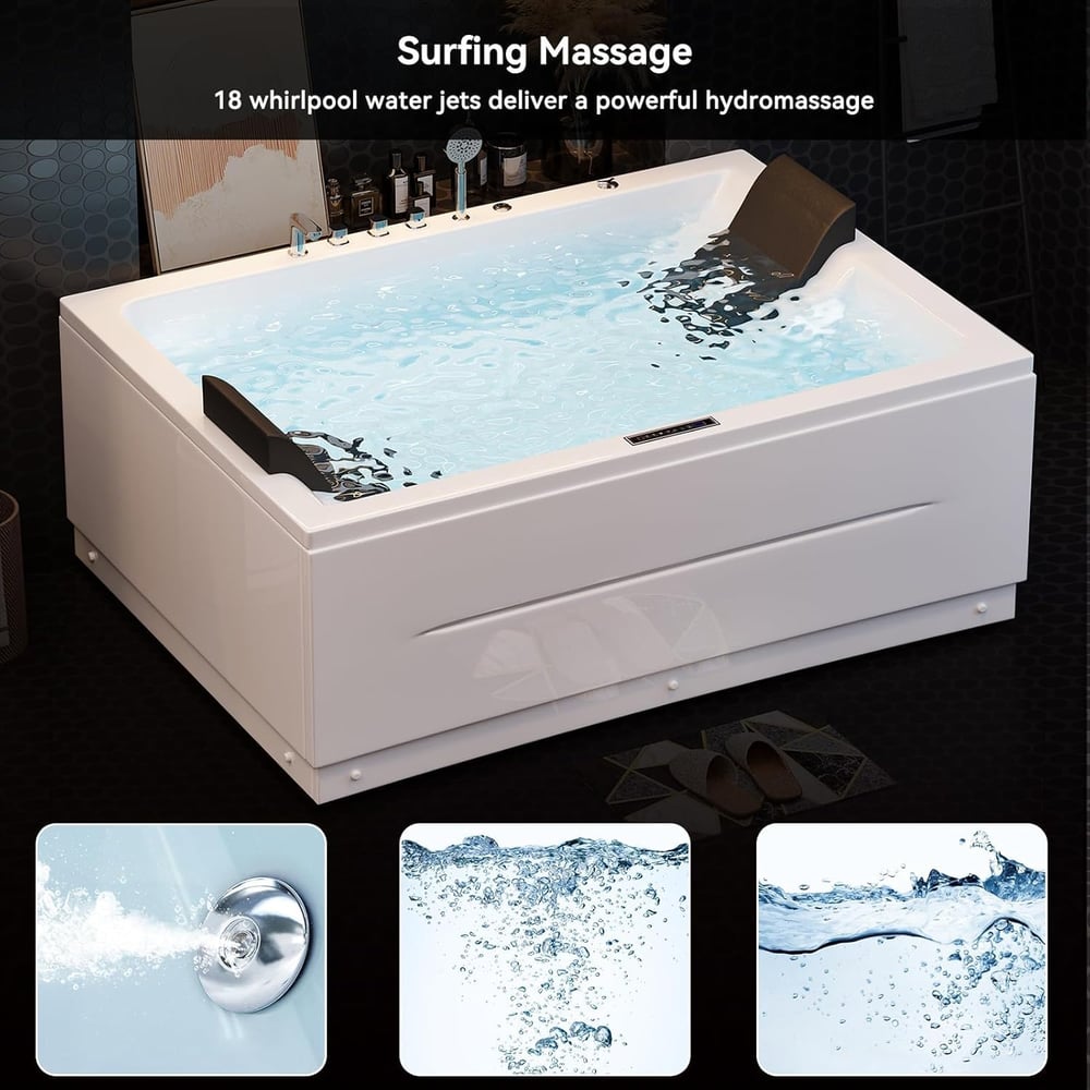 71" Double Whirlpool Bathtub with Temperature Control 118-Gallon Capacity