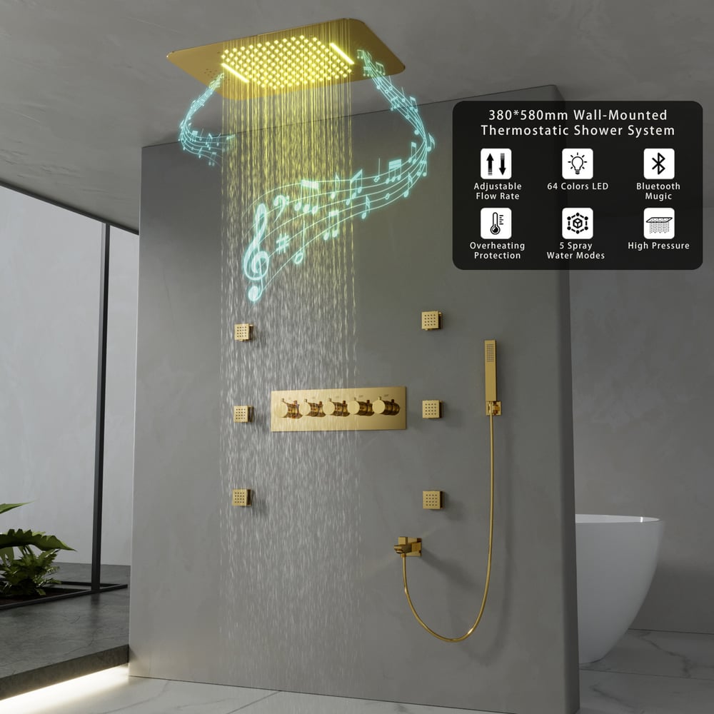 Wall-Mounted Shower System in Gold Thermostatic 4 Functions 23"