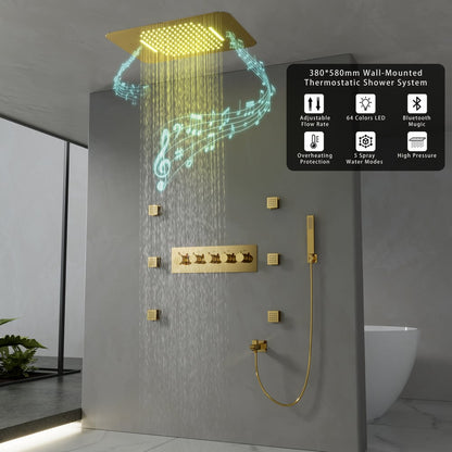 Wall-Mounted Shower System in Gold Thermostatic 4 Functions 23"