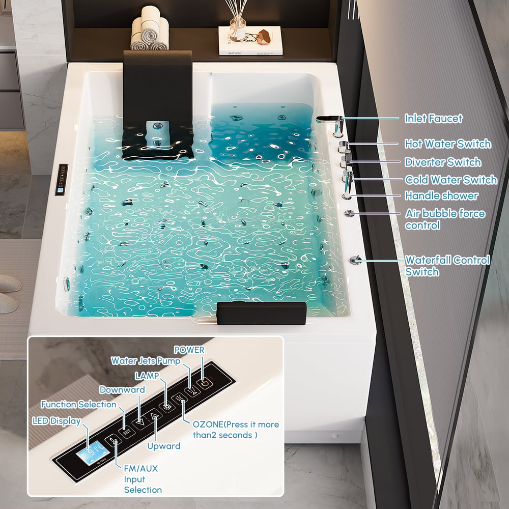 71" Double Whirlpool Bathtub with Temperature Control 118-Gallon Capacity