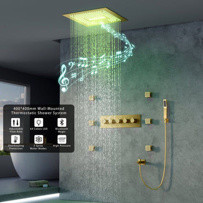 Ceiling-Mounted 16" Shower System in Brushed Gold 4-Function Thermostatic