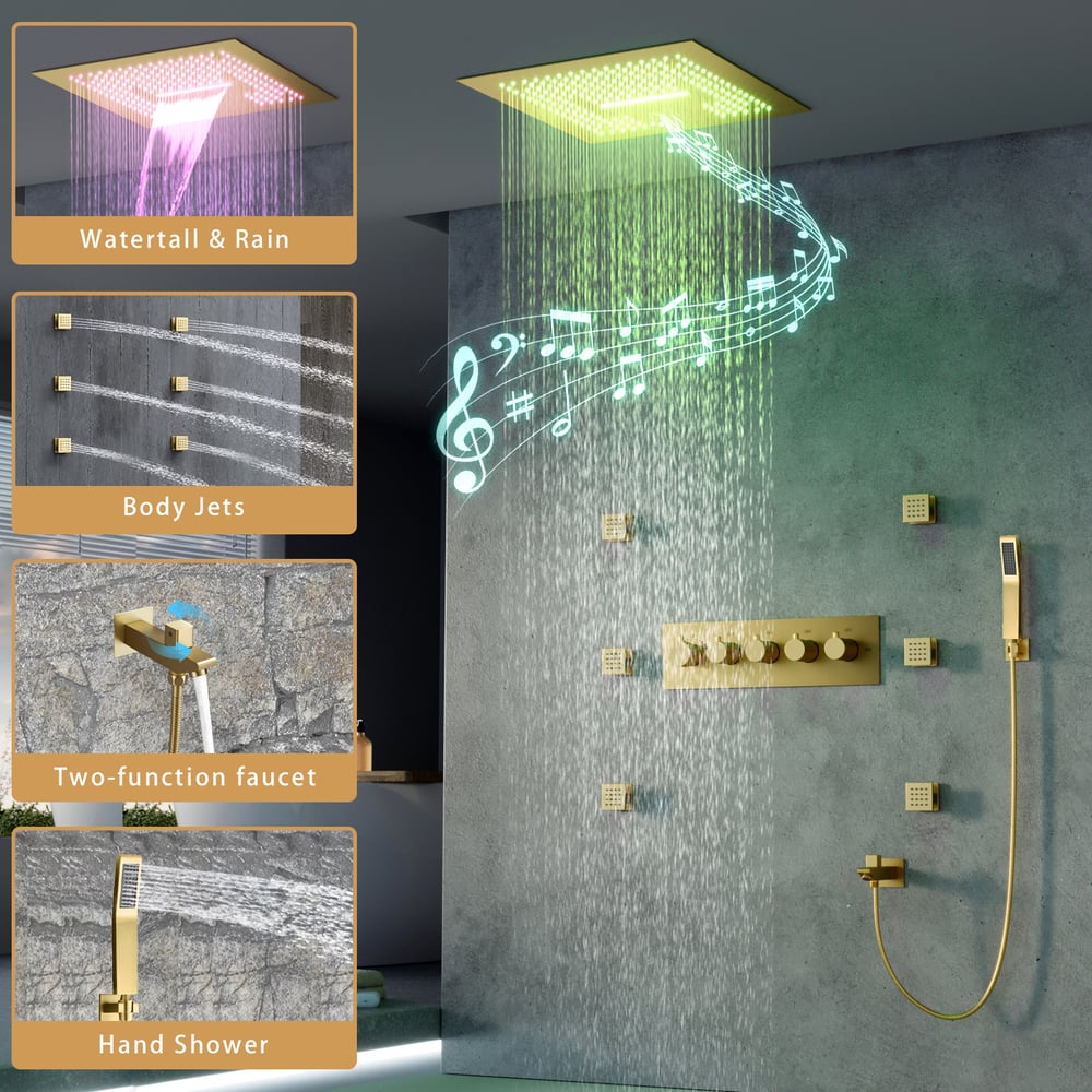 Ceiling-Mounted 16" Shower System in Brushed Gold 4-Function Thermostatic