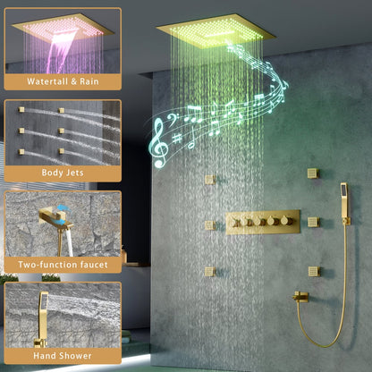 Ceiling-Mounted 16" Shower System in Brushed Gold 4-Function Thermostatic