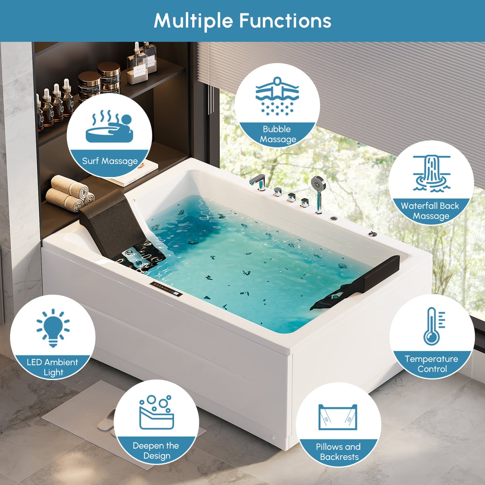 71" Double Whirlpool Bathtub with Temperature Control 118-Gallon Capacity