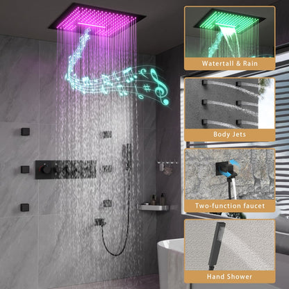 Wall-Mounted 16" Shower System in Black 4 Function Thermostatic