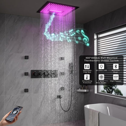 Wall-Mounted 16" Shower System in Black 4 Function Thermostatic