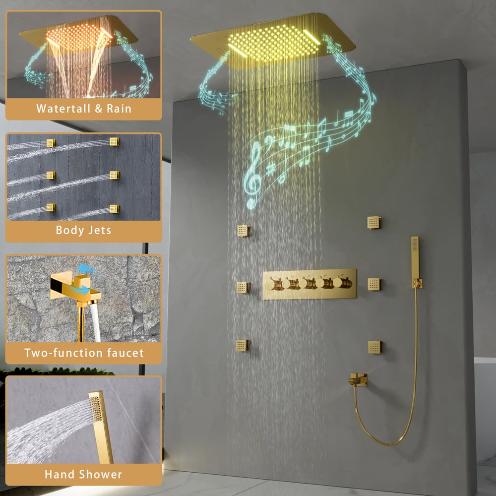Wall-Mounted Shower System in Gold Thermostatic 4 Functions 23"