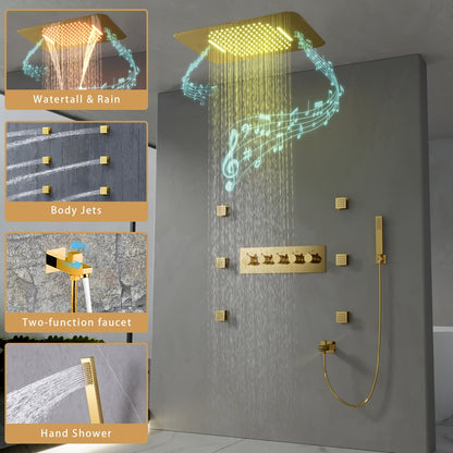Wall-Mounted Shower System in Gold Thermostatic 4 Functions 23"