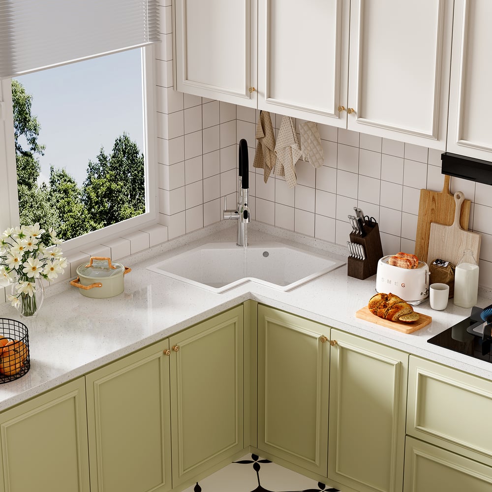 Drop In Corner Irregular Kitchen Sink White 25" Quartz