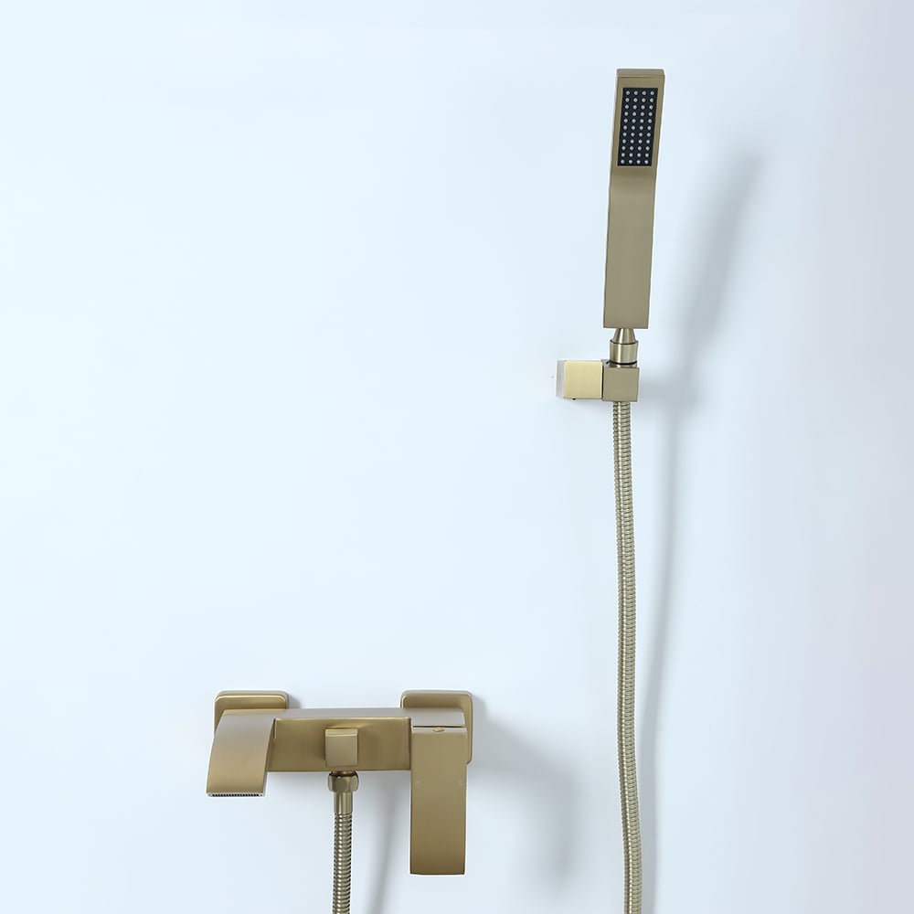 Ridge Wall-Mount Waterfall Bathtub Faucet Tub Filler with Hand Shower in Brushed Gold