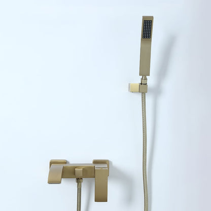 Ridge Wall-Mount Waterfall Bathtub Faucet Tub Filler with Hand Shower in Brushed Gold