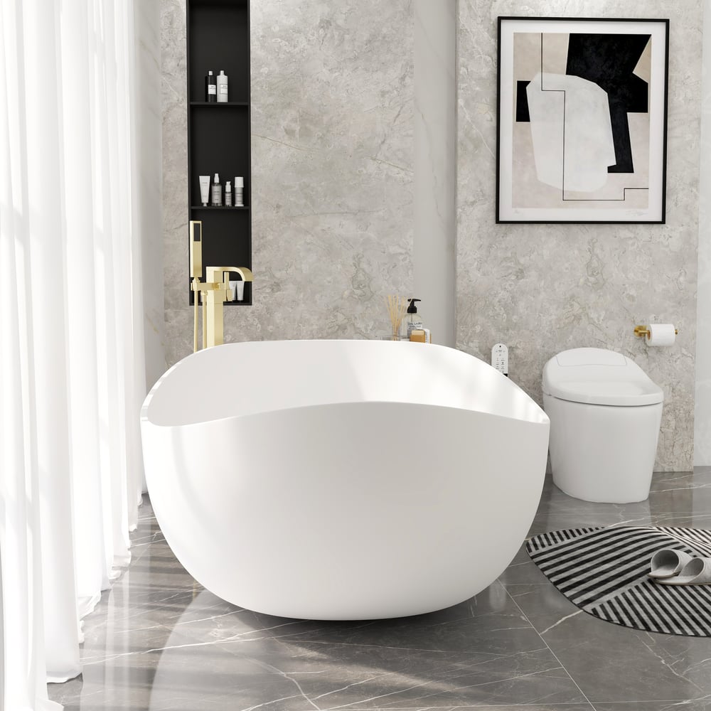 70" Modern Oval Freestanding Stone Resin Soaking Bathtub White 113.59-Gallon Capacity