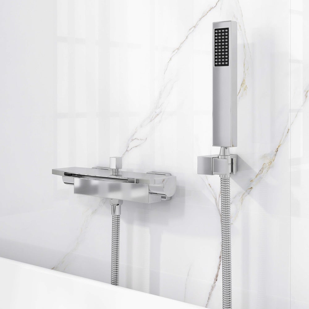 Contemporary Wall Mount Waterfall 2-Handle Chrome Bathtub Filler Faucet with Hand Shower