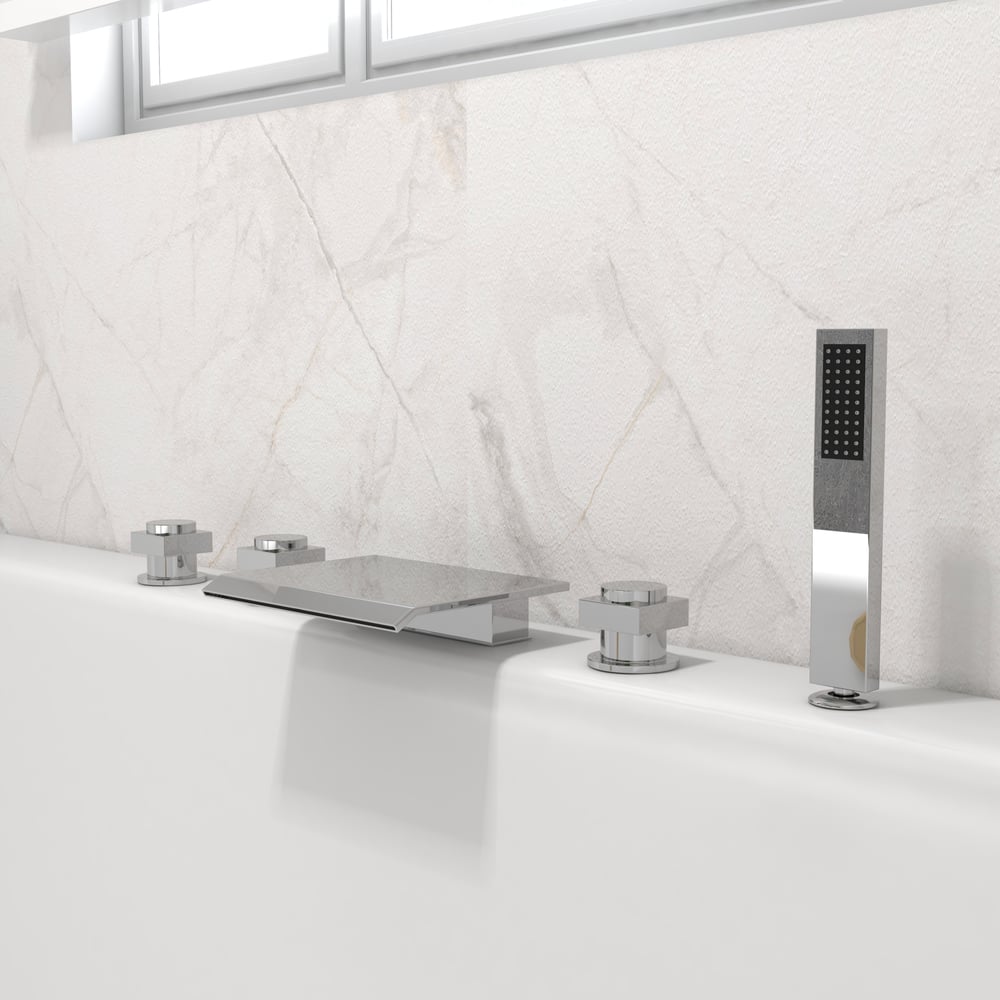 Moda Contemporary Waterfall Deck-Mount Roman Tub Faucet with Handshower in Chrome