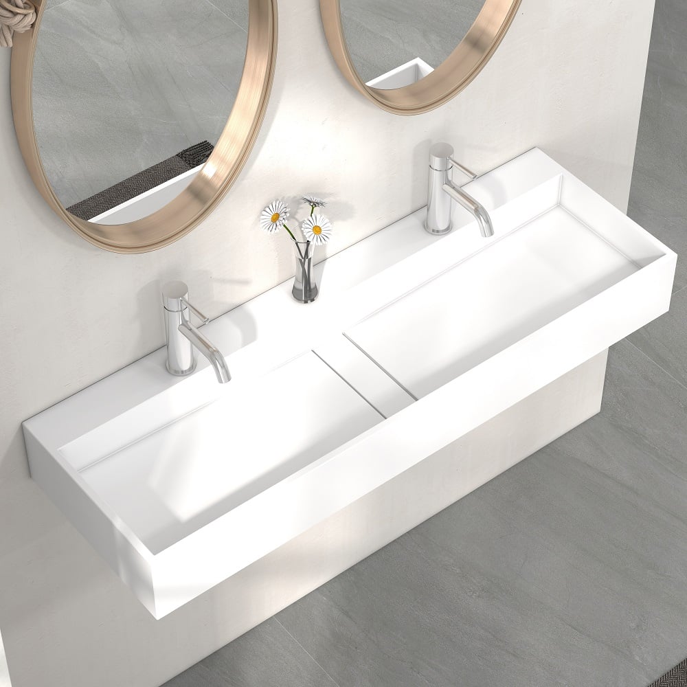 47 Inch Wall-Mount Double Sink Stone Resin Matte White Floating Trough Bathroom Sink