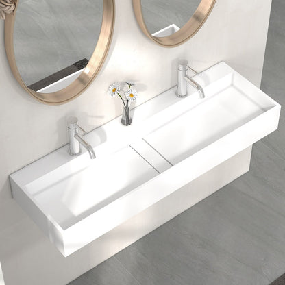 47 Inch Wall-Mount Double Sink Stone Resin Matte White Floating Trough Bathroom Sink