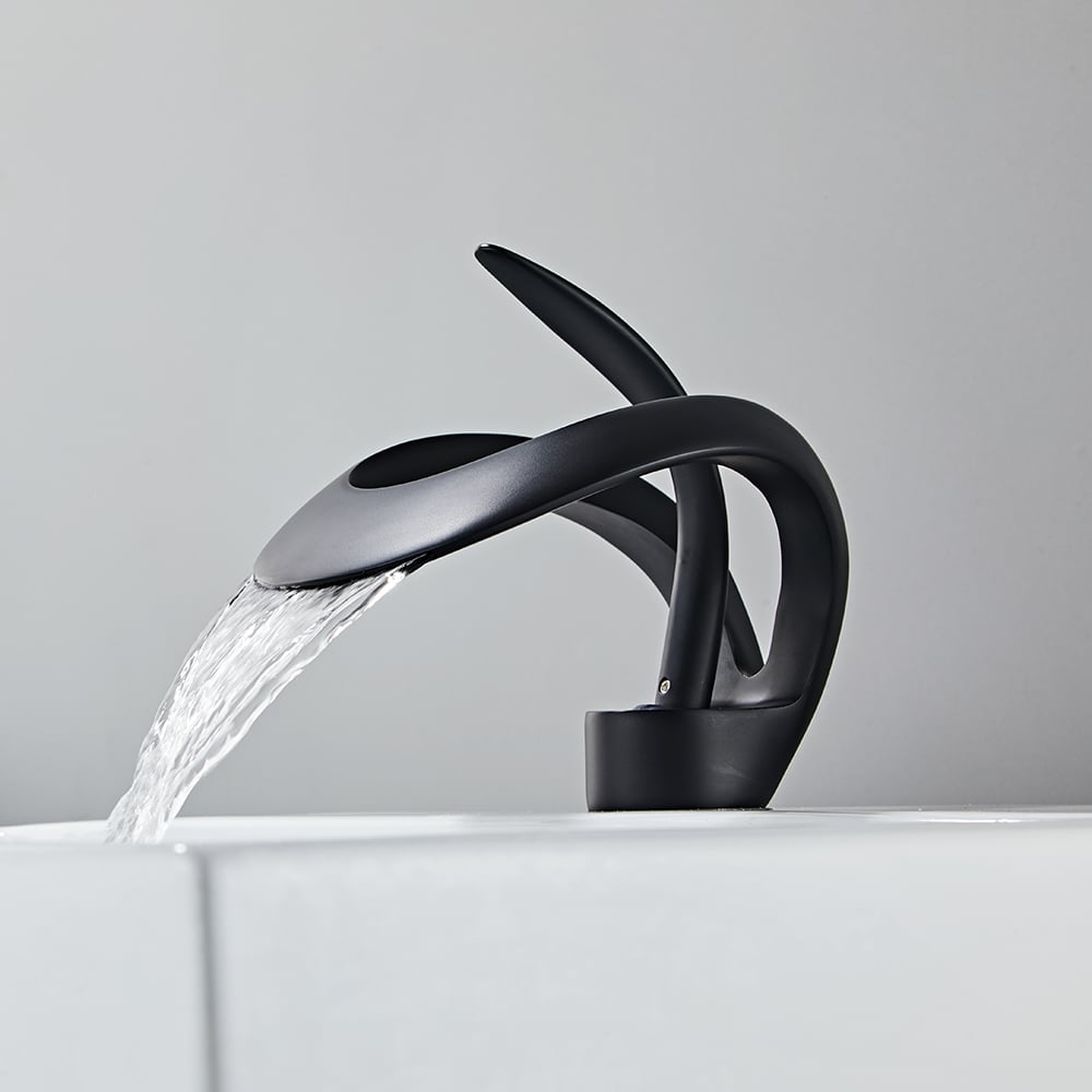 Waterfall Bathroom Sink Faucet in Black Single Handle Solid Brass