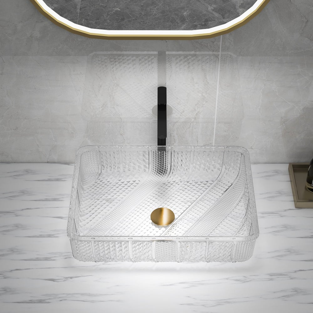 Modern Glass Rectangle Transparent Bathroom Vessel Sink Clear Wash Sink with Drain