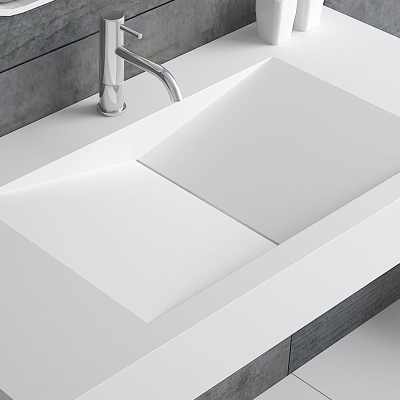 Glossy White Wall-Mount Floating Sink Solid Surface Stone Resin Bathroom V-Shaped Sink