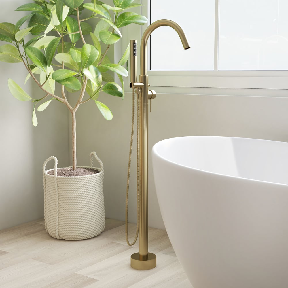 Brewst Freestanding Single Handle Tub Filler Faucet with Handshower Brass Brushed Gold