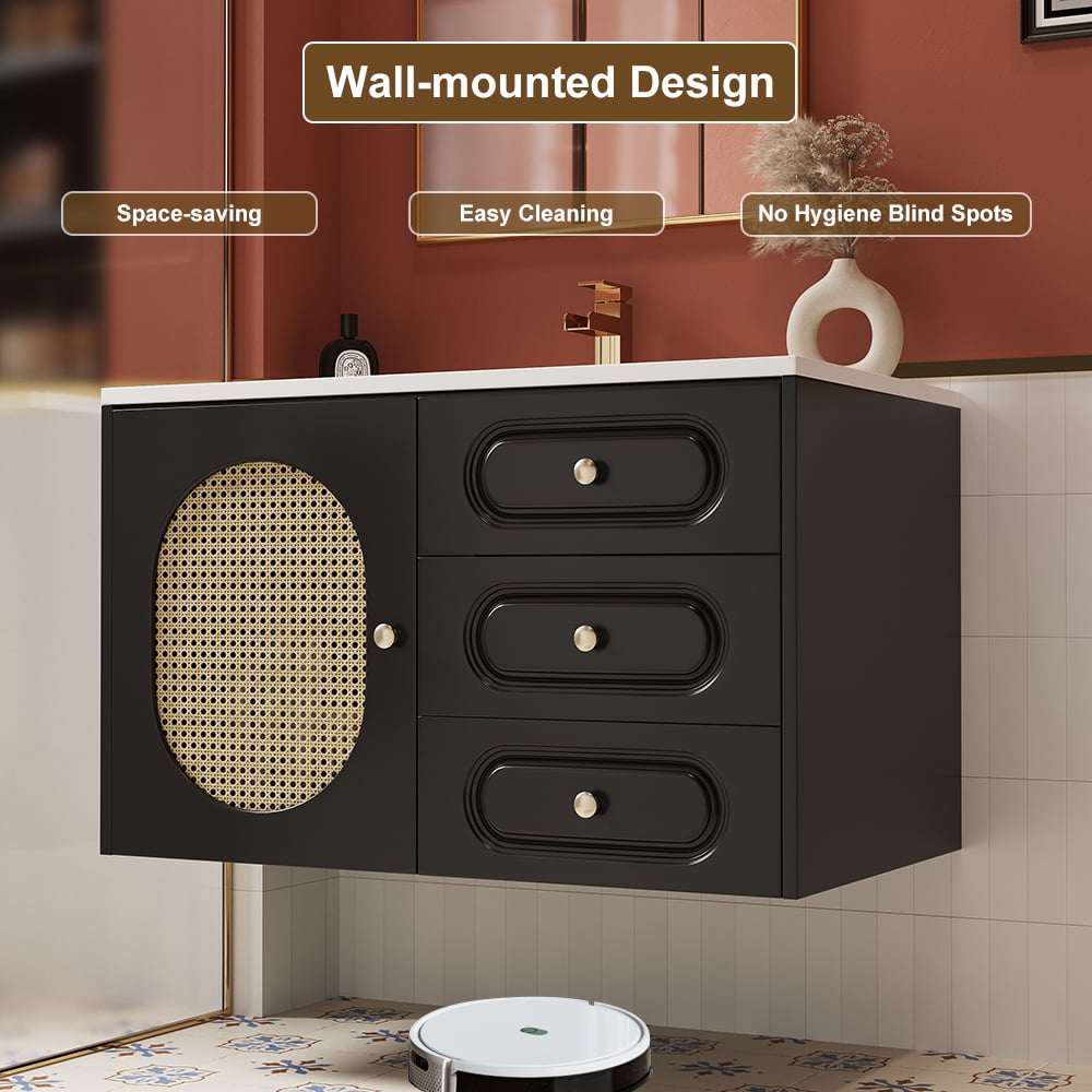 31" Black Floating Bathroom Vanity Set Undermount Ceramic Sink with Rattan Door Cabinet