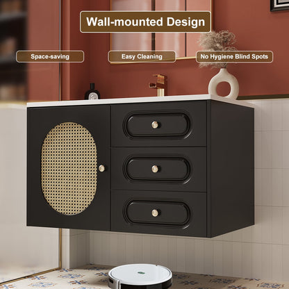 31" Black Floating Bathroom Vanity Set Undermount Ceramic Sink with Rattan Door Cabinet