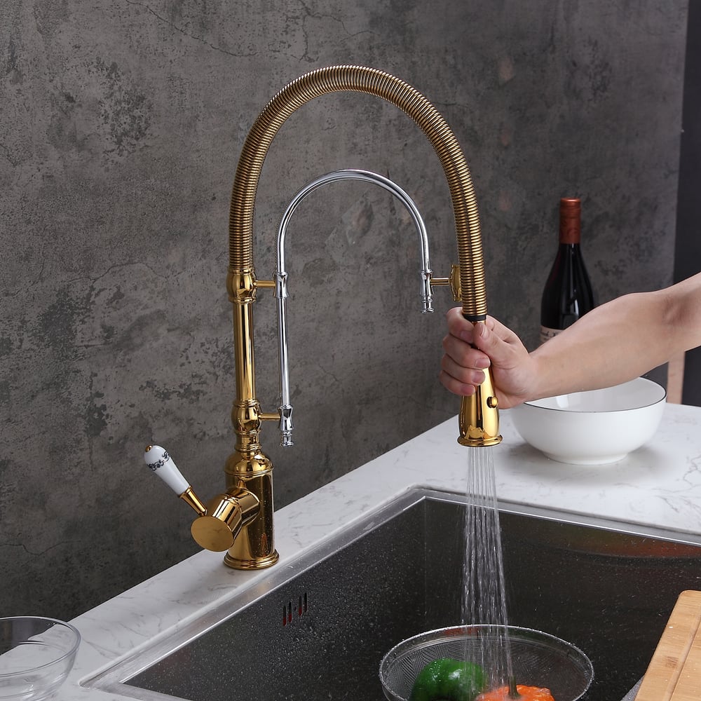 High Arc Dual-Mode Pull-Down Kitchen Faucet Solid Brass with Porcelain Handle