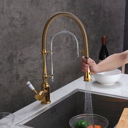 High Arc Dual-Mode Pull-Down Kitchen Faucet Solid Brass with Porcelain Handle