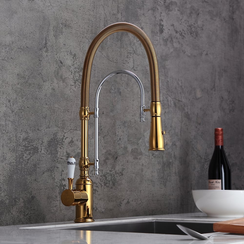 High Arc Dual-Mode Pull-Down Kitchen Faucet Solid Brass with Porcelain Handle