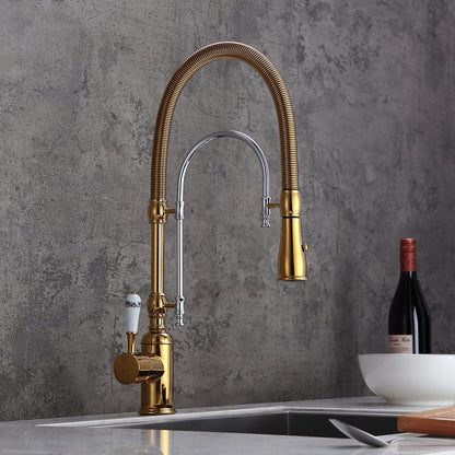 High Arc Dual-Mode Pull-Down Kitchen Faucet Solid Brass with Porcelain Handle