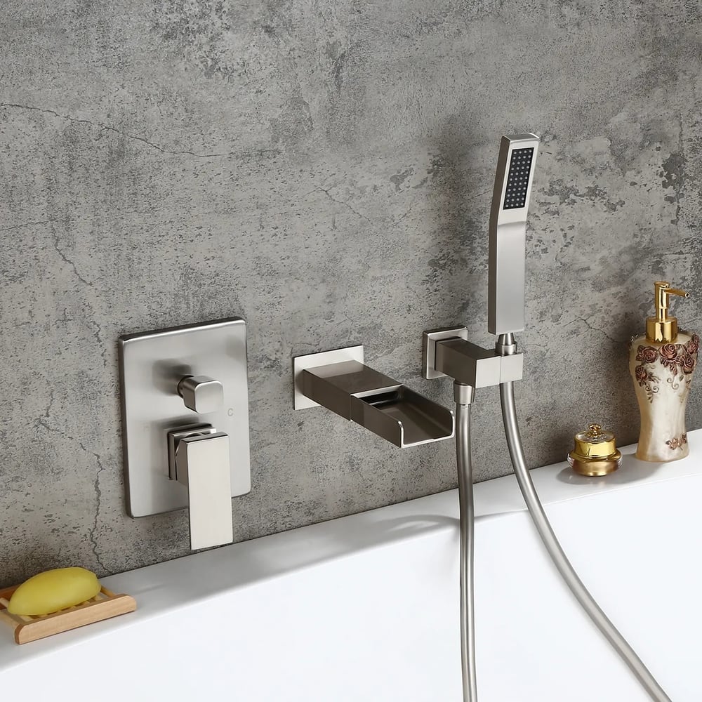 Modern Waterfall Wall-Mount Solid Brass Bathtub Faucet & Handshower in Brushed Nickel