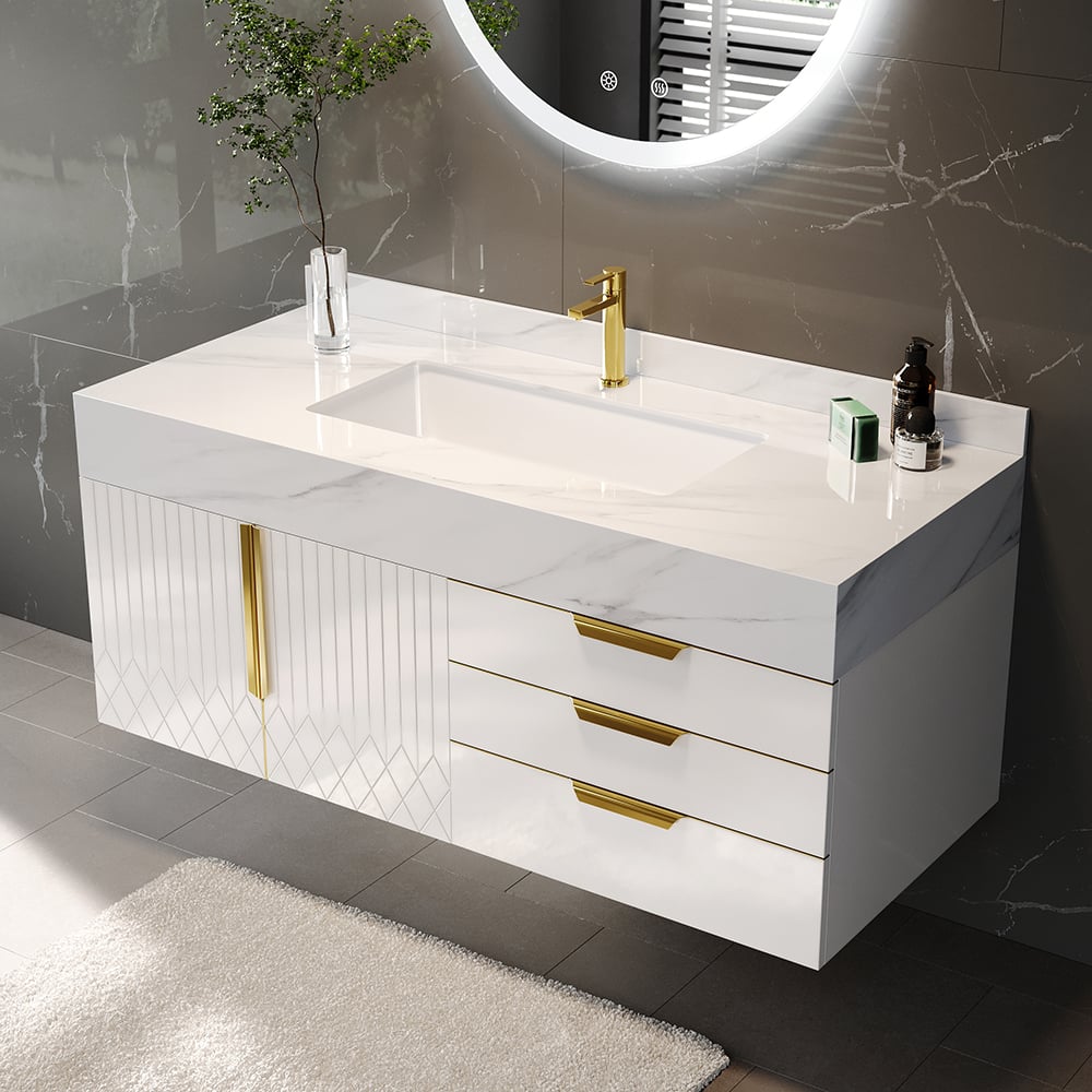 Aro 35" Floating Single Bathroom Vanity with Sink, Sintered Stone Top