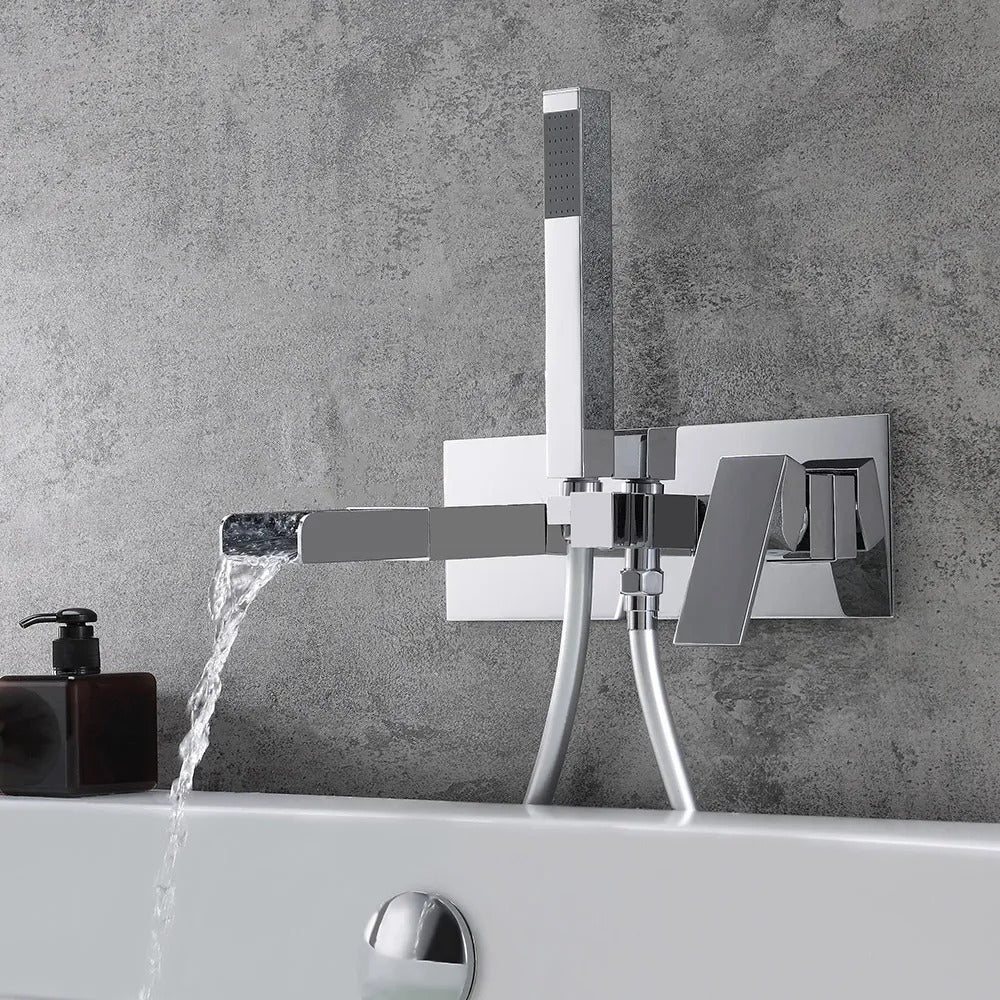Mill Modern Waterfall Wall-Mount Tub Filler Faucet & Handshower Chrome Solid Brass