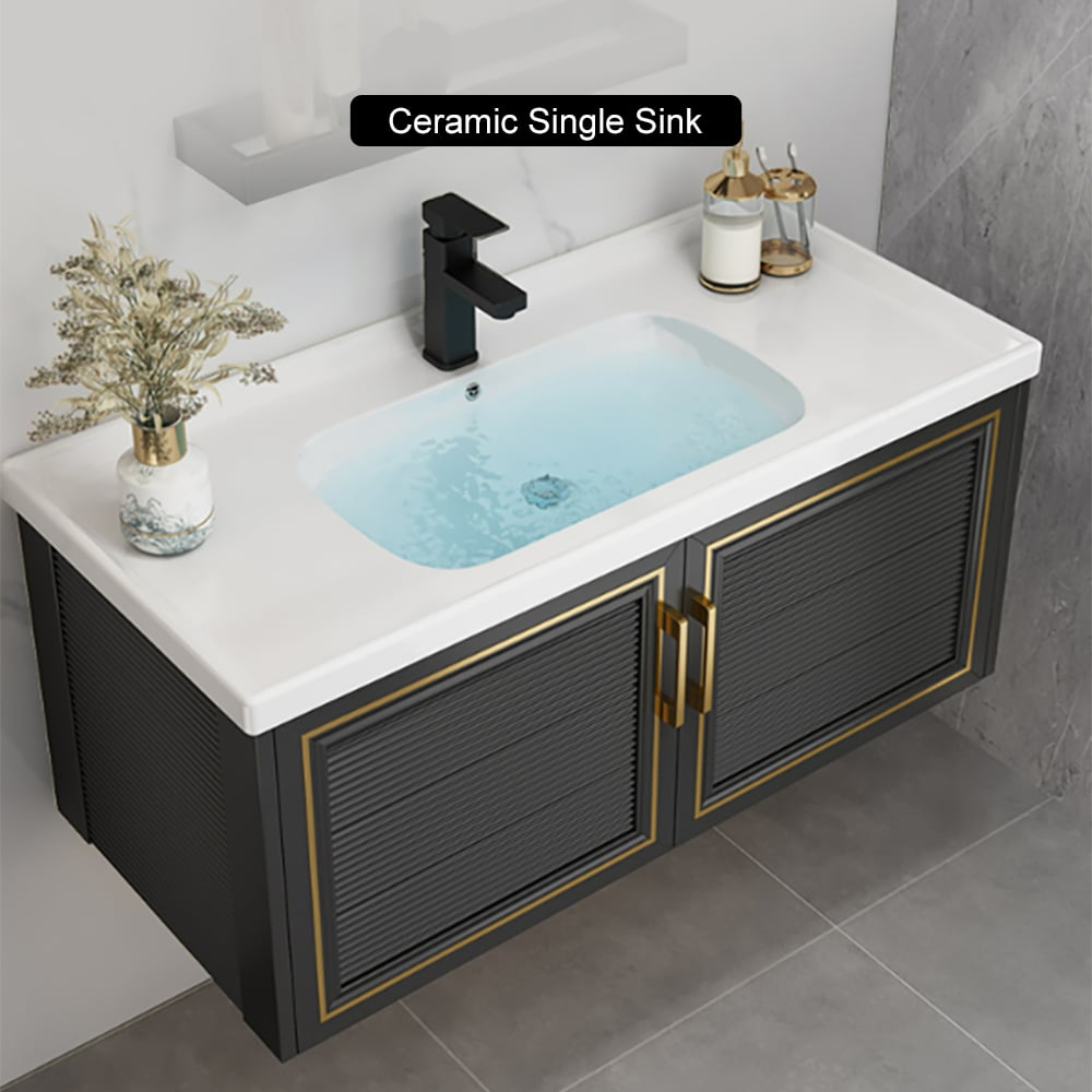 Bathroom Vanity Set 35.8" Floating Ceramic Bathroom Vanity Black with Sink