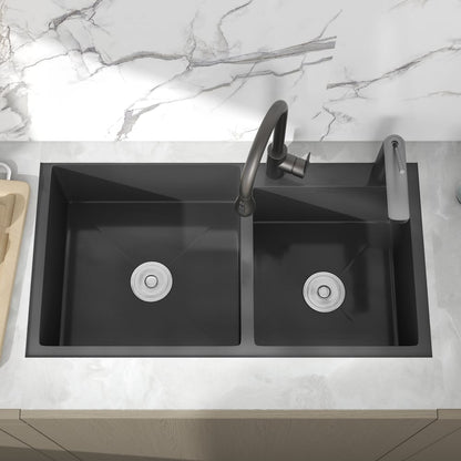 32" Black Stainless Steel Kitchen Sink Double Bowls Drop-In Sink with Drain and Overflow