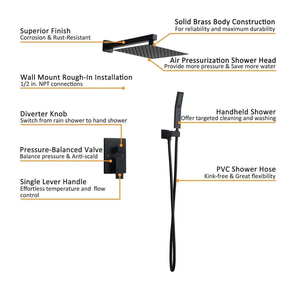 Modern 12" Wall Mounted Shower System with Handheld Shower Pressure Balance Valve