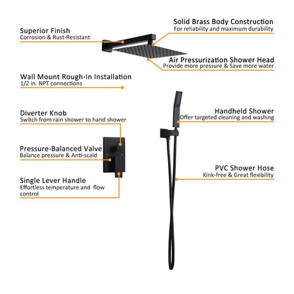 Modern 12" Wall Mounted Shower System with Handheld Shower Pressure Balance Valve