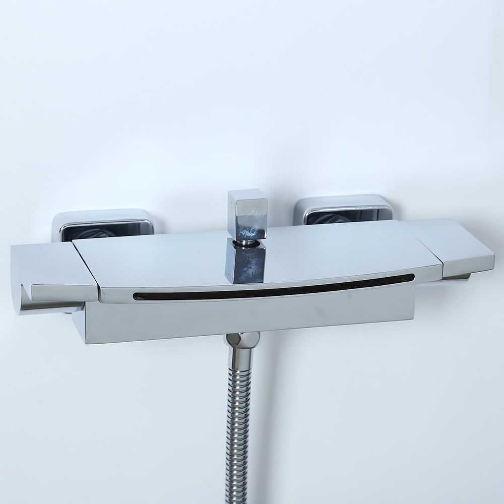 Contemporary Wall Mount Waterfall 2-Handle Chrome Bathtub Filler Faucet with Hand Shower