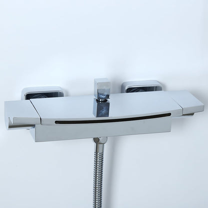 Contemporary Wall Mount Waterfall 2-Handle Chrome Bathtub Filler Faucet with Hand Shower