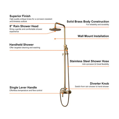 Antique Brass Exposed Wall Mount Shower System with 8" Rain Shower Head and Hand Shower