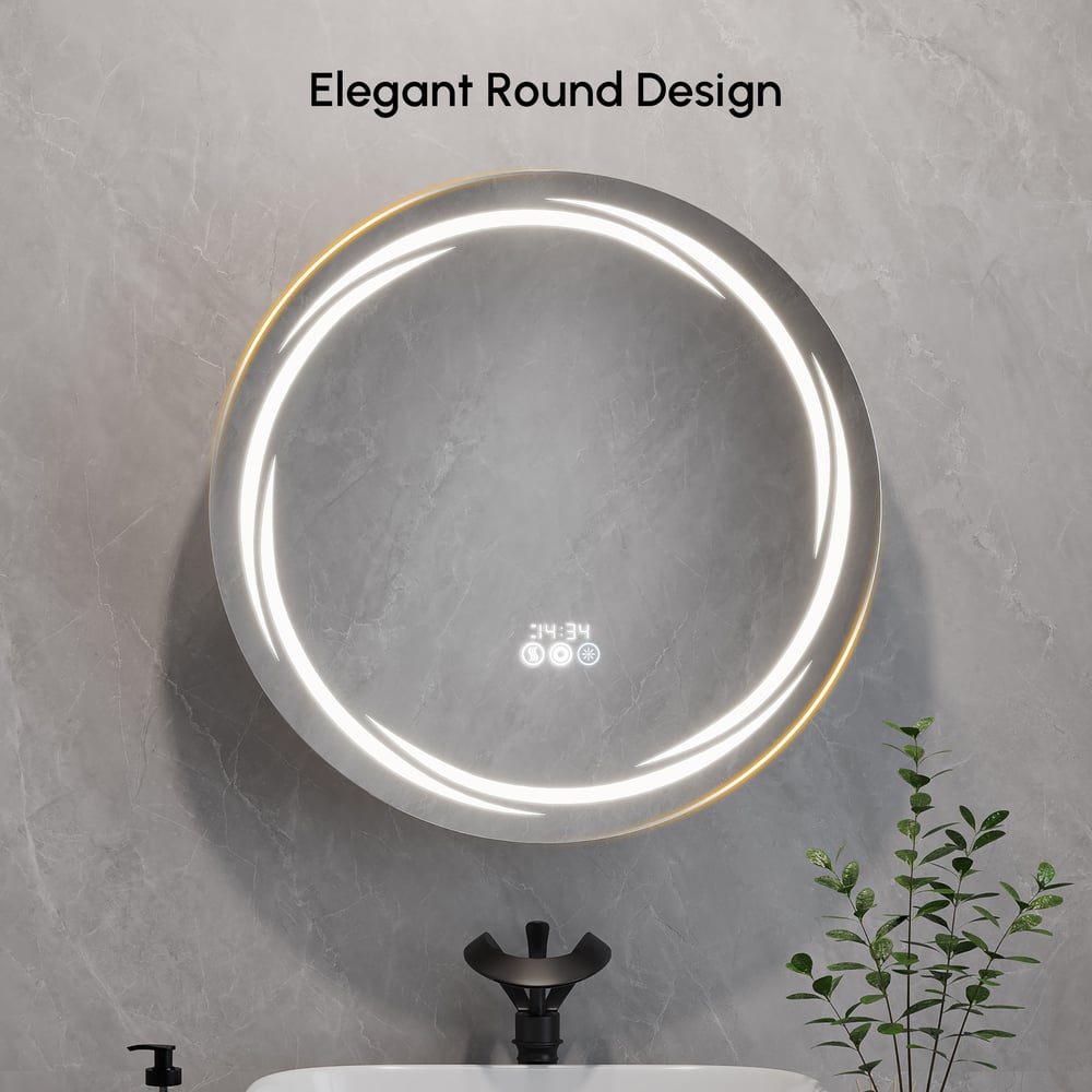 Floating Curved Bathroom Vanity in White & Round LED Medicine Cabinet Set Right Offset