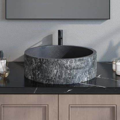 16'' Black Concrete Vessel Sink Modern Stone Textured Round Bathroom Sink
