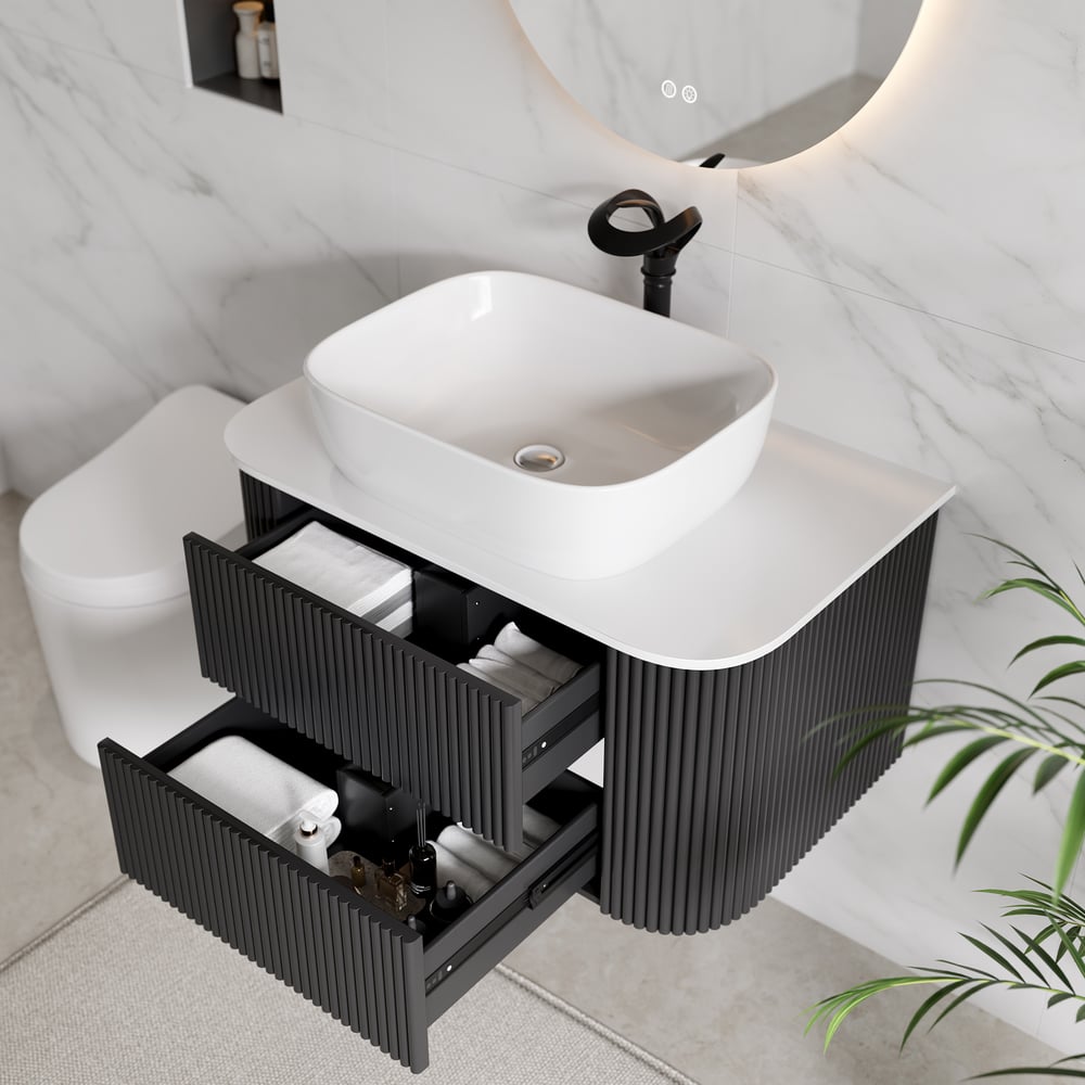 Black Fluted Bathroom Vanity Set 31.5" Floating Bathroom Vanity with Vessel Sink